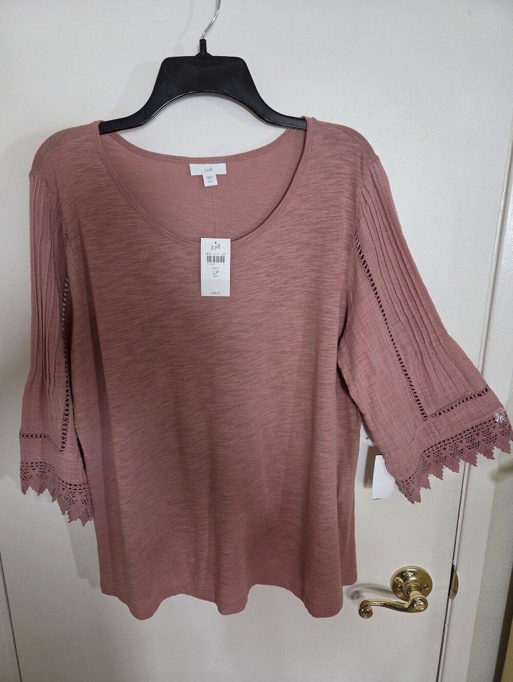 NWT J Jill women size LP scoop neck Pleated bell sleeves top Crochet Lace Boho